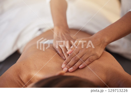 Woman at spa for massage with therapist and holistic treatment, wellness and self care with aromatherapy. Luxury service, health and peace with skincare to relax at salon, masseuse hands for zen. Woman at spa for massage with therapist and holistic treatment, wellness and self care with aromatherapy. Luxury service, health and peace with skincare to relax at salon, masseuse hands for zen. 129713226