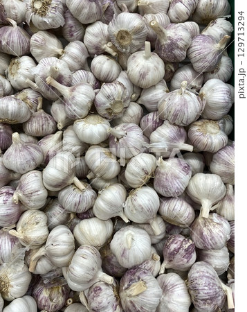 Garlic bulbs piled in abundance as a background showcasing fresh produce and healthy eating Garlic bulbs piled in abundance as a background showcasing fresh produce and healthy eating 129713294