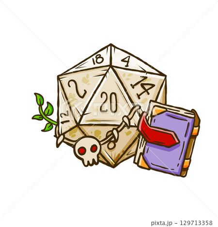 D20 sorcerer character. Wizard or witch art. DND board game druid symbol with magic book. Cartoon strategy wargame 129713358