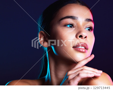 Beauty, face and skin with makeup and woman, microblading and natural cosmetics with facial and manicure against studio background. Lashes, lips and cosmetic care, dermatology and wellness mockup. 129713445