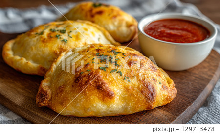 Three golden brown, freshly baked calzones, garnished with herbs, served on wooden board alongside bowl of marinara dipping sauce. Perfect for showcasing Italian cuisine, comfort food, appetizers 129713478
