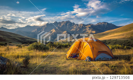 Breathtaking view of sprawling mountain range at sunset, with sky casting warm hues over dense forests. Concept of grandeur of nature, with soft light rugged peaks, creating sense of calm, wonder Breathtaking view of sprawling mountain range at sunset, with sky casting warm hues over dense forests. Concept of grandeur of nature, with soft light rugged peaks, creating sense of calm, wonder 129713508