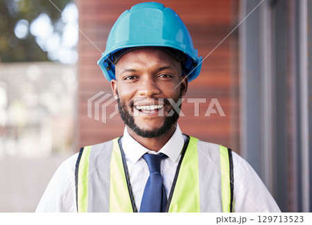 Portrait, engineer and black man with helmet, smile and construction planning. Architect, African American male or employee with idea for new building, safety hard hat and protection for architecture Portrait, engineer and black man with helmet, smile and construction planning. Architect, African American male or employee with idea for new building, safety hard hat and protection for architecture 129713523