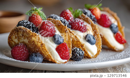 dessert tacos, featuring crispy shells generously filled with a creamy white filling and topped with an assortment of fresh berries like strawberries, raspberries, blackberries, and blueberries 129713546