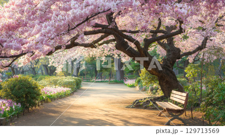 A picturesque park scene bathed in the soft light of spring, vibrant pink cherry blossoms in full bloom overhead. A solitary wooden bench rests beneath a large, old cherry tree 129713569