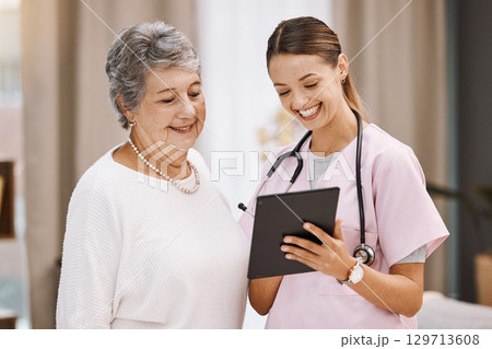 Tablet, healthcare and nurse with senior woman for digital help, support or wellness check, data and results together with smile. Happy elderly patient in communication with medical worker or doctor Tablet, healthcare and nurse with senior woman for digital help, support or wellness check, data and results together with smile. Happy elderly patient in communication with medical worker or doctor 129713608