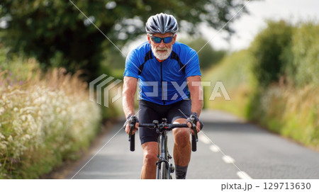 A fit, older man with a grey beard, wearing blue cycling jersey, black shorts, sunglasses, and a helmet, rides a road bike on a paved country road, focused on his fitness, the joy of outdoor exercise 129713630