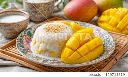 Experience authentic flavors of Thailand with this visually stunning mango sticky rice. Perfectly cooked glutinous rice, rich coconut milk, succulent fresh mango slices are beautifully presented 129713819