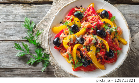 A visually appealing and healthy Mediterranean-inspired tuna salad, featuring succulent flaked tuna, vibrant red and yellow bell peppers, olives, and fresh parsley. 129713821
