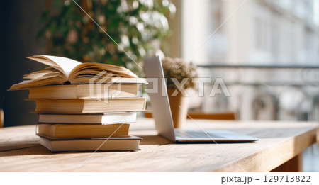This inviting image features a tall stack of classic books alongside open laptop on warm wooden desk. It beautifully encapsulates essence of learning, combining timeless wisdom of literature 129713822