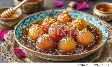 Indulge in decadent flavors of Gulab Jamun, a beloved Indian dessert. These soft, spongy milk-solid dumplings are deep-fried to a golden hue, then immersed in a fragrant rose, saffron syrup 129713824