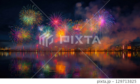 breathtaking display of colorful fireworks bursting over city skyline, with their vibrant reflections shimmering on calm water below. Concept of grand celebration, perfect for conveying joy, spectacle 129713825
