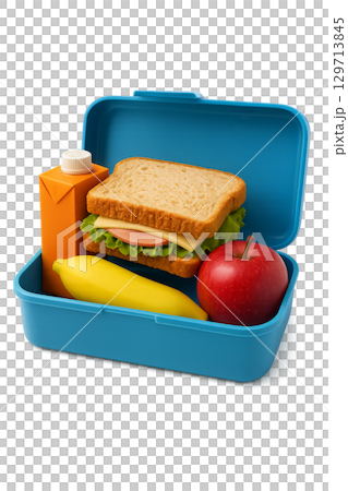 Back to school lunchbox with sandwich, juice, banana, and apple for healthy meal. Isolated on transparent background 129713845