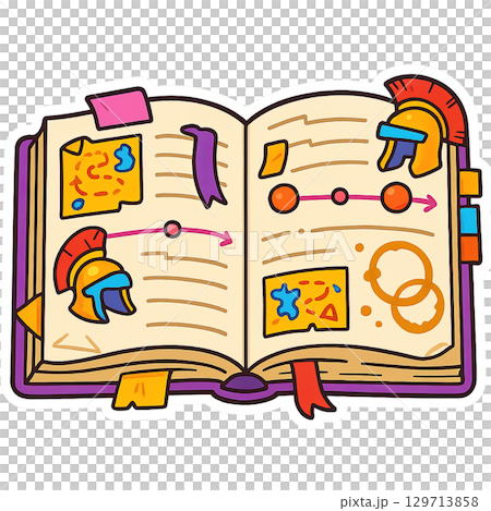 Open schoolbook illustration with colorful drawings and symbols. Isolated on transparent background 129713858