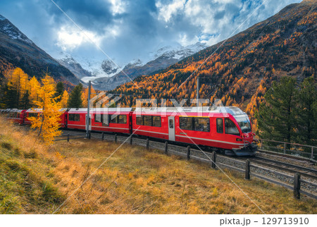 Red Bernina Express train passing through colorful autumn forest 129713910