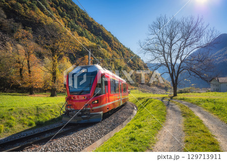 Bernina Express train in sunny autumn valley, Switzerland Bernina Express train in sunny autumn valley, Switzerland 129713911