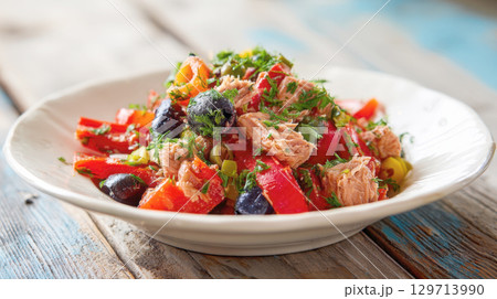A vibrant and fresh close-up of a delicious Mediterranean tuna salad, brimming with chunks of tuna, red peppers, olives, and herbs, served in a white bowl on a rustic wooden table 129713990