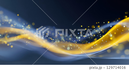 Captivating abstract background with flowing golden and blue waves, illuminated by sparkling particles, perfect for technology, science, and data-driven visual projects 129714016
