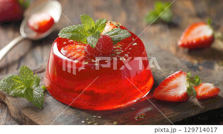 Indulge in this delightful red jelly dessert, beautifully garnished with fresh strawberries, a ripe raspberry, and aromatic mint leaves. A perfect light, fruity, and refreshing treat for any occasion 129714017