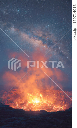 breathtaking night scene showcasing a volcanic eruption with molten lava glowing intensely beneath a brilliant, star-filled Milky Way. Captures nature's raw power and the cosmos's grandeur 129714018