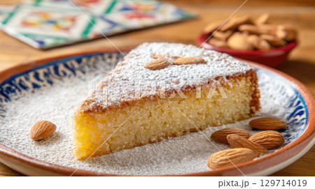 A delicious slice of almond cake, generously dusted with powdered sugar and adorned with whole almonds, perfect for a sweet treat or special occasion 129714019