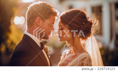 A tender and romantic close-up of a bride and groom, foreheads touching, bathed in the warm glow of sunset. Themes of love, commitment, and happiness, perfect for wedding and relationship 129714123