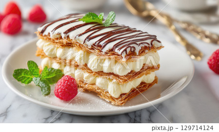 exquisitely plated mille-feuille, showcasing delicate layers of golden puff pastry filled with cream, topped with white chocolate icing, garnished with raspberries, mint. Gourmet dessert, patisserie exquisitely plated mille-feuille, showcasing delicate layers of golden puff pastry filled with cream, topped with white chocolate icing, garnished with raspberries, mint. Gourmet dessert, patisserie 129714124
