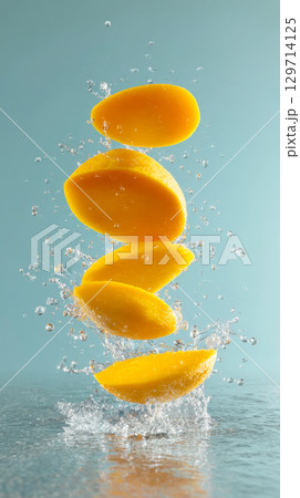 Captivating image of fresh mango slices splashing into water, creating dynamic motion and a sense of freshness. Ideal for food, healthy eating, and tropical themes Captivating image of fresh mango slices splashing into water, creating dynamic motion and a sense of freshness. Ideal for food, healthy eating, and tropical themes 129714125