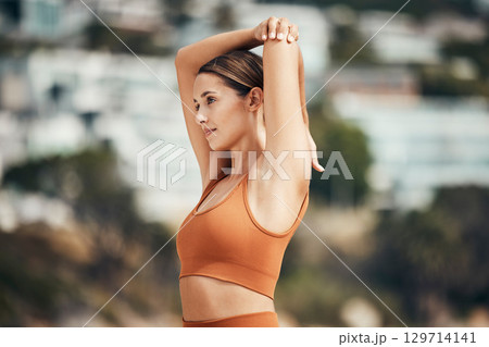 Stretching, exercise and woman at beach for yoga, pilates and fitness outdoor, sports motivation and wellness in Bali. Young athlete, mindfulness and health with peace and zen, body training mockup. 129714141
