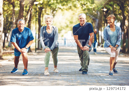 Senior friends, stretching exercise and park with smile, wellness and self care in summer sunshine. Elderly group of people, fitness and healthy workout with motivation for health, nature or teamwork Senior friends, stretching exercise and park with smile, wellness and self care in summer sunshine. Elderly group of people, fitness and healthy workout with motivation for health, nature or teamwork 129714172