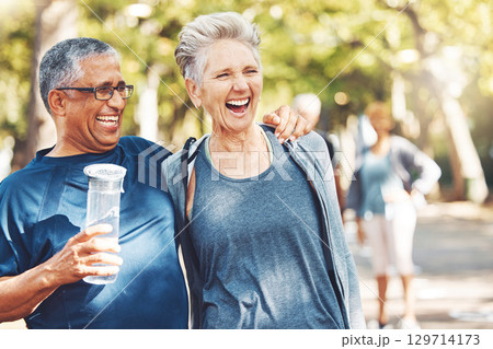 Fitness, funny or old couple of friends in nature laughing at a joke after training, walking or workout. Comic, support or happy senior woman bonding with elderly partner in interracial marriage 129714173