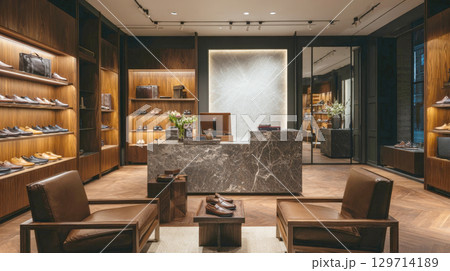 A sophisticated and upscale men's shoe store interior, featuring contemporary design, premium materials, and neatly displayed footwear. Ideal for luxury retail, fashion, and commercial spaces 129714189
