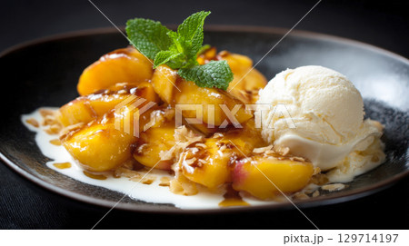 A beautifully plated dessert of warm caramelized peaches, a scoop of vanilla ice cream, and a mint garnish. Perfect for gourmet food, sweet treats, and restaurant menus 129714197