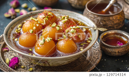 bowl of delicious Gulab Jamun, popular Indian sweet. These deep-fried dough balls are soaked in sweet, fragrant syrup infused with rose water, cardamom, then garnished with chopped pistachios, saffron 129714314