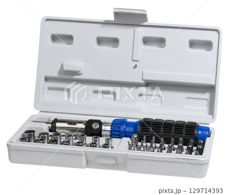 Set of tools in a white plastic case. Inside is a universal screwdriver with a blue rubberized handle and a ratchet mechanism, set of replaceable nozzles. 129714393