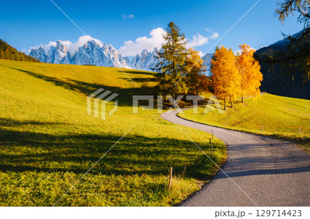 Magic image of alpine hills in Santa Magdalena village. Magic image of alpine hills in Santa Magdalena village. 129714423