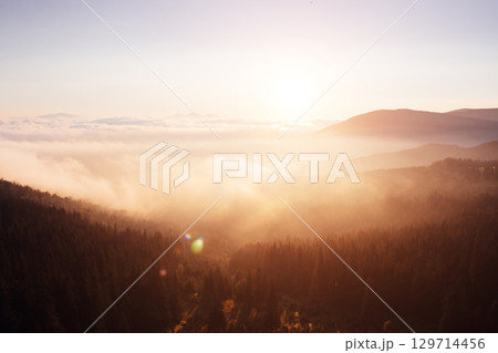 Scenic image of misty valley. Locations Carpathian national park, Ukraine. 129714456