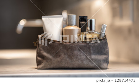 A men's toiletry bag with an organized set of personal care products, including cologne, lotion, and other items, placed on a modern bathroom countertop 129714473