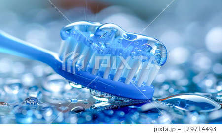 Blue toothbrush with bubbles resting on wet surface, showcasing dental hygiene and freshness 129714493