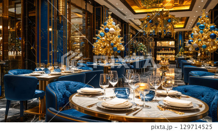 Elegant dining room with luxurious decor, blue accents, and festive holiday decorations Elegant dining room with luxurious decor, blue accents, and festive holiday decorations 129714525
