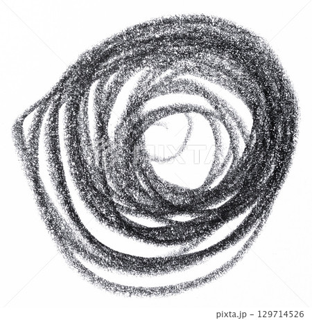Abstract black charcoal or graphite drawing of a spiral or swirl on a white background Abstract black charcoal or graphite drawing of a spiral or swirl on a white background 129714526