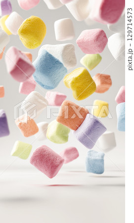 A vibrant and whimsical scene of assorted marshmallows in various pastel colors floating in the air against a neutral background, creating a fun, playful atmosphere 129714573