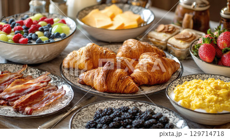 breakfast buffet with a variety of foods, including croissants, crispy bacon, scrambled eggs, bowls of fresh berries, cheese. This image captures the essence of a celebratory or weekend morning meal 129714718