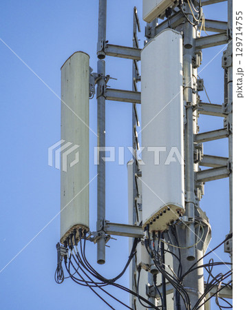 Sector antennas and microwave radio relay link equipment are installed on a telecommunication tower, providing wireless communication services against a clear blue sky 129714755