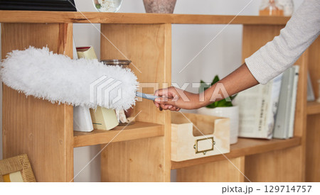 Cleaner woman, duster and home with shelf, wood or display to remove dust, dirt or clean living room. Cleaning expert, house worker or housekeeping in apartment, room or lounge in hospitality service 129714757