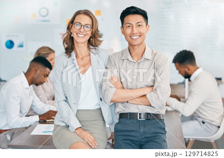 Meeting, office and portrait of business people in collaboration at conference room. Happy, team leadership and interracial colleagues working on corporate strategy or project in work boardroom 129714825