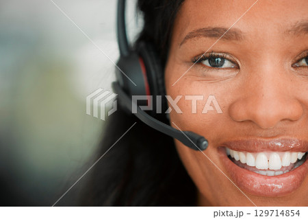 Call center, black woman face and business portrait of crm, contact us and telemarketing job. Customer service, web help desk and consulting happy worker with a smile about online and digital company Call center, black woman face and business portrait of crm, contact us and telemarketing job. Customer service, web help desk and consulting happy worker with a smile about online and digital company 129714854