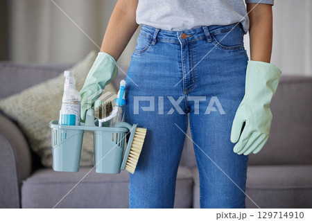 Cleaning, product or zoom, woman hands with basket for home maintenance, hygiene or living room spring cleaning. Container, tools or maid with brush, liquid spray bottle or clean supplies in hand 129714910