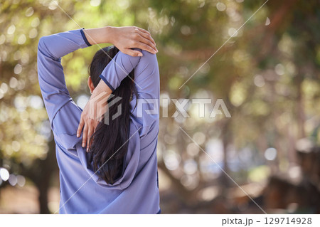 Stretching, running and fitness with woman in nature for workout, freedom and jogging. Hiking, energy and peace with girl runner and warm up on forest path for cardio, endurance and training Stretching, running and fitness with woman in nature for workout, freedom and jogging. Hiking, energy and peace with girl runner and warm up on forest path for cardio, endurance and training 129714928