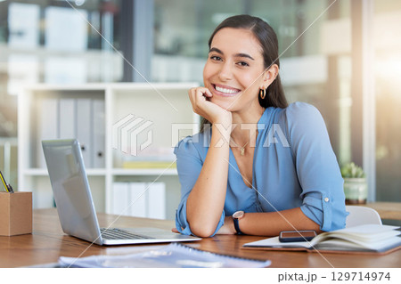Business woman, portrait and laptop in office for worker with idea, vision or goal while doing research at desk. Happy, girl and corporate employee smile, relax and enjoy career, online and project Business woman, portrait and laptop in office for worker with idea, vision or goal while doing research at desk. Happy, girl and corporate employee smile, relax and enjoy career, online and project 129714974
